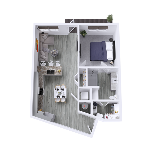 a 3d rendering of a two bedroom apartment at The Hudson Oaks