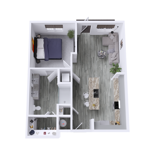 a 3d rendering of a two bedroom apartment at The Hudson Oaks
