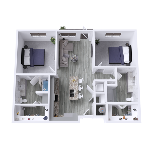 a 3d rendering of a two bedroom apartment at The Hudson Oaks