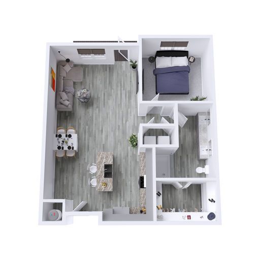 a 3d rendering of a two bedroom apartment at The Hudson Oaks